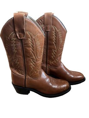 Unisex Old West Kids Tan Leather Cowboy Boots CCY8129G Western Pointed Toe 3.5 D